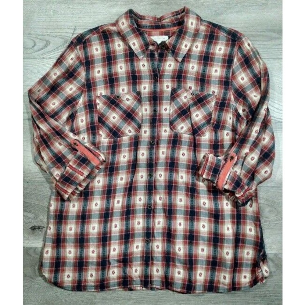 CB Established 1962 Roll Tab Sleeve Button Up Plaid Shirt Womens Petite XL
